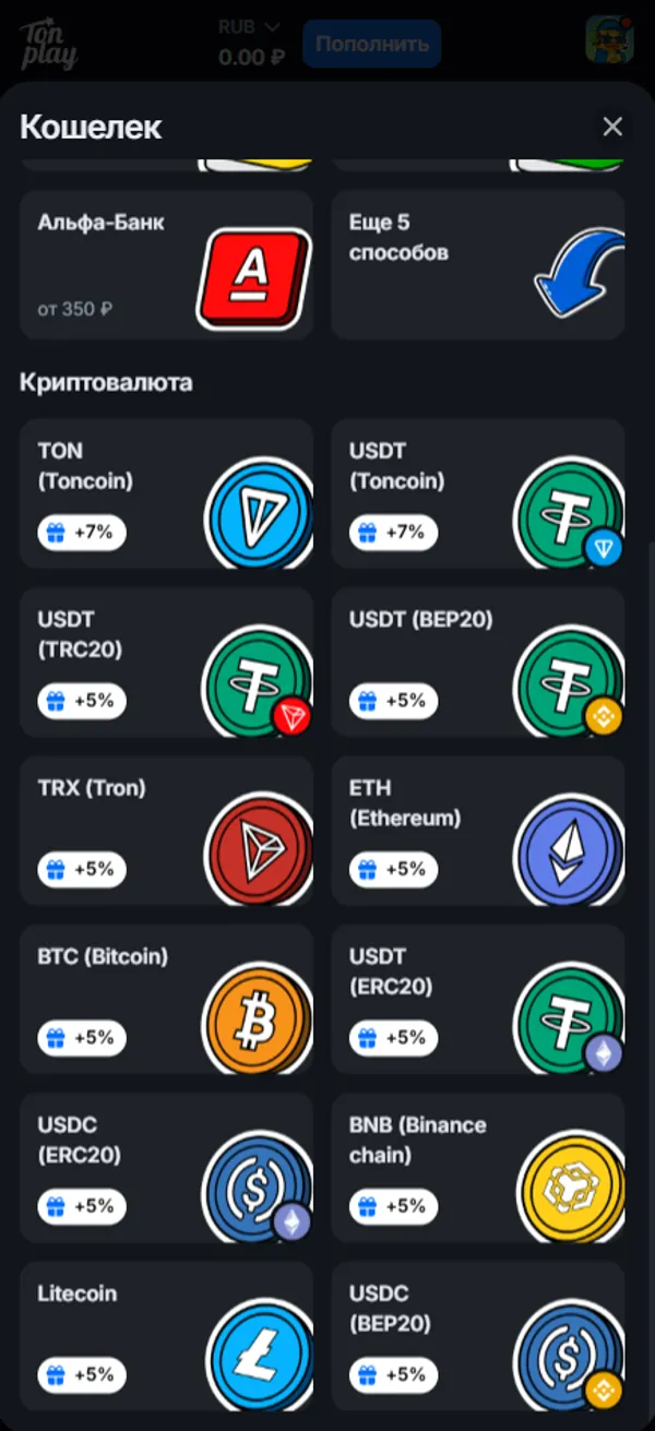 Продолжение списка методов в кассе TonPlay: BTC, USDT ERC20, USDC, BNB и Litecoin